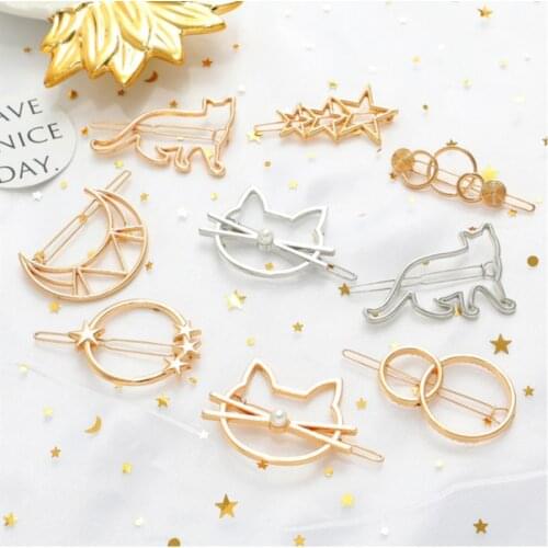 2020 New Women Metal Hair Clip Geometric Hairpin Gold Moon Round Cat Hairgrip Barrette Girls Hair Accessories Styling Tools