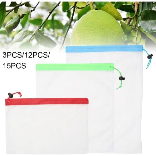 3/12/15pcs 3 Sizes Reusable Mesh Produce Bag Washable Eco-Friendly Bags for Grocery Bag Holder Fruit Vegetable Organizer Pouch