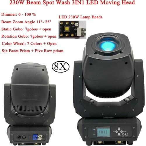 8Pcs/Lot 230W Beam Spot Wash 3IN1 Moving Head Disco Light LED DMX 6/18 Channels Bar Professional Party Ktv Stage DJ Equipment