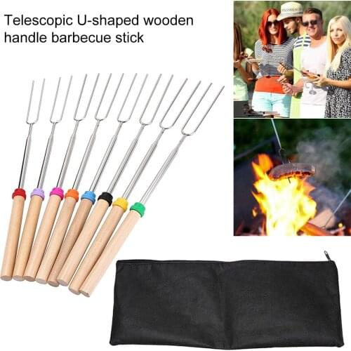 8pcs Marshmallow Roasting Sticks Stainless Extending Hot Dog Forks Barbecue Smores Skewer Camping Cookware Campfire Cooking