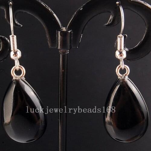 Free Shipping Women Fashion Jewelry 13x25mm Black Carnelian Flated Water Drop Beads Dangle Earring Pair C4143