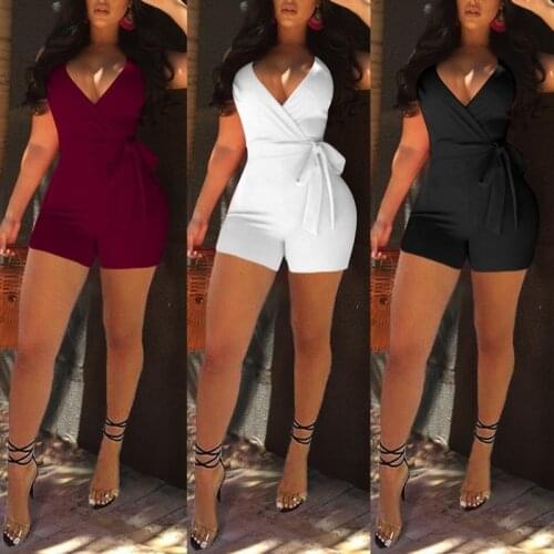 Summer Ladies V Neck Sleeveless Solid Color Tie Waist Lace Up Wrap Bodysuit Romper Casual Rompers Womens Jumpsuit Shorts