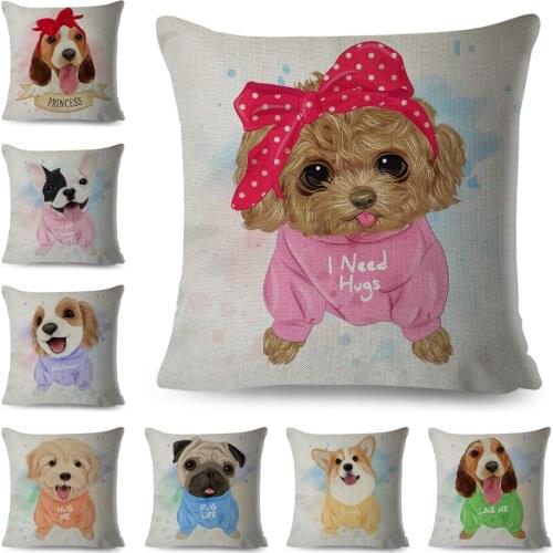 Water Color Cute Pet Dog Cushion Cover Decor Lovely Cartoon Animal Pillow Case Linen Pillowcase for Children Room Sofa Home