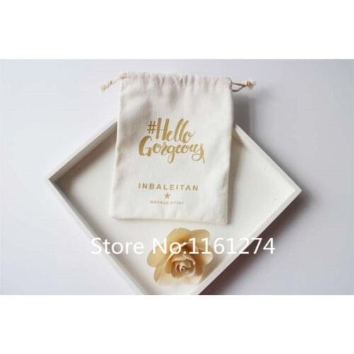 Customized white cotton bag with black logo and black ribbon Jewelry gift pouch Free Shipping