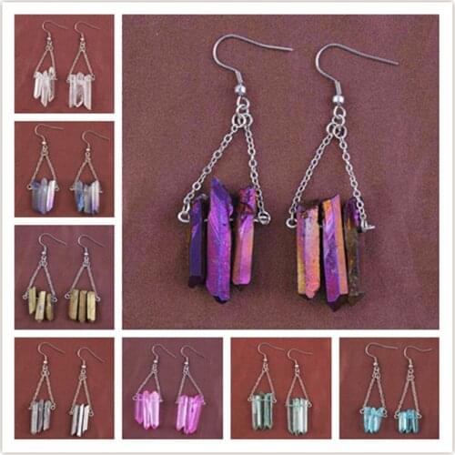 KFT Wholesale Natural Titanium Coated Crystal Quartz Colorful Irregular Shape Drop Dangle Stone Earring For Women Jewelry