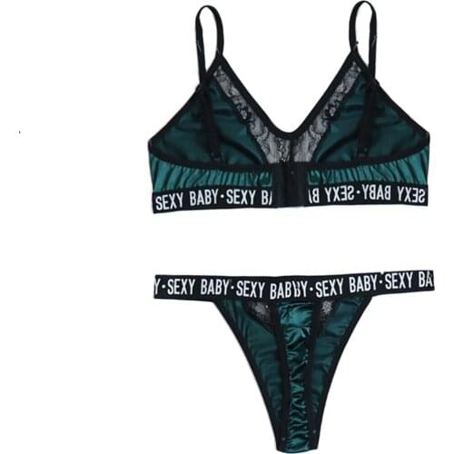 2Pcs Women Underwear Suit SEXY BABY Letter Printing Spaghetti Straps V-Neck Bra + High-Waist Hollow-Out Panty for Girlfriend