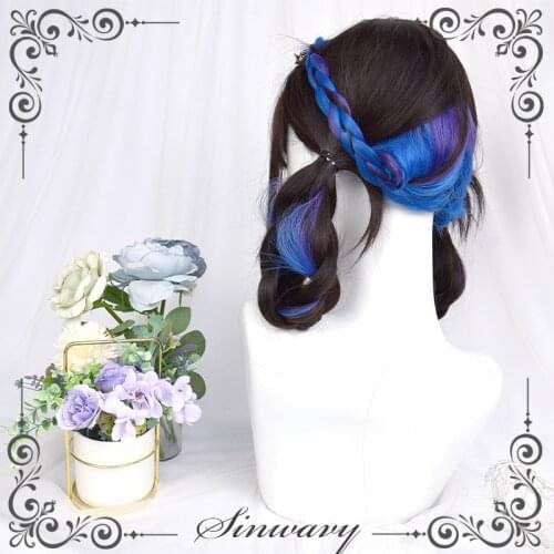 Brown Mixed Blue Purple Kawaii Lolita Wig Harajuku Long Straight Hair Highlights Chic Girls Women Princess Cosplay Daily Wear