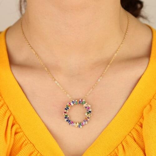Colorful cz round Pendant necklaces gold filled rainbow baguette cubic zirconia CZ round circle geometry simpe trendy jewelry