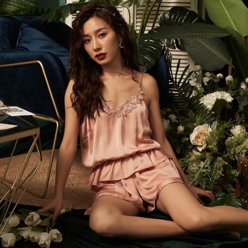 Summer Womens Pajamas Set Fashion Lace Ruffle Sling Top Shorts Sleepwear Silk Like Leisure Home Clothes Nightwear for Girl