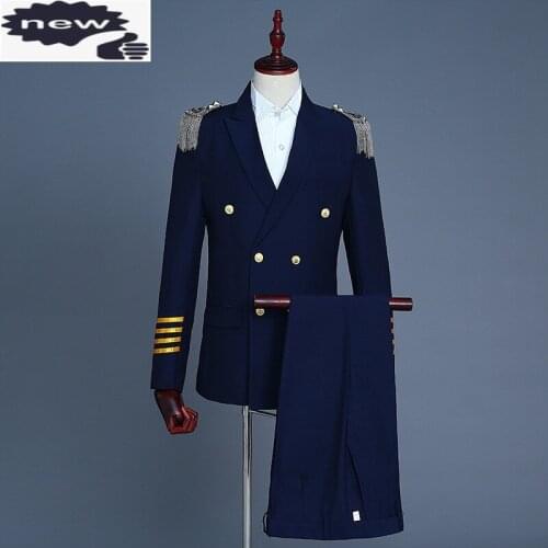 Mens Formal Epaulet Tassels Pilot Captain Blazer Pants Suits Double Breasted Slim Fit Dress Suit Terno Masculino Costume 2 Piece