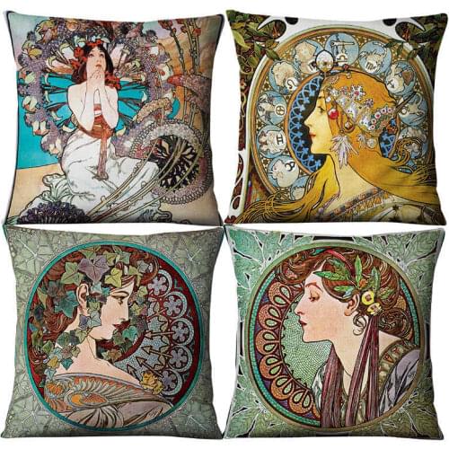 Classical Mucha Gallery Beauty Linen Decorative Throw Green Pillows Case Set Decor Home Cartoon Cushion Covers for Sofa Car