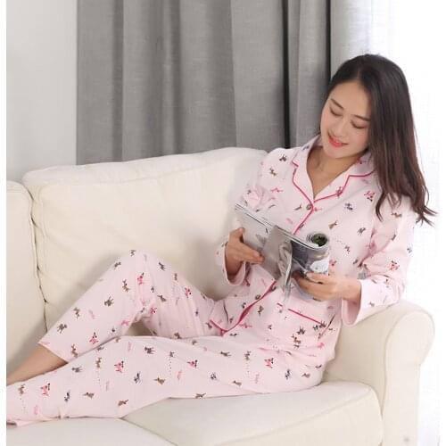 New Spring Womens Long Sleeve Flip-collar Sleepwear 100% Cotton Pajamas for Women Cartoon Pajama Set Trousers Home Pijama Mujer
