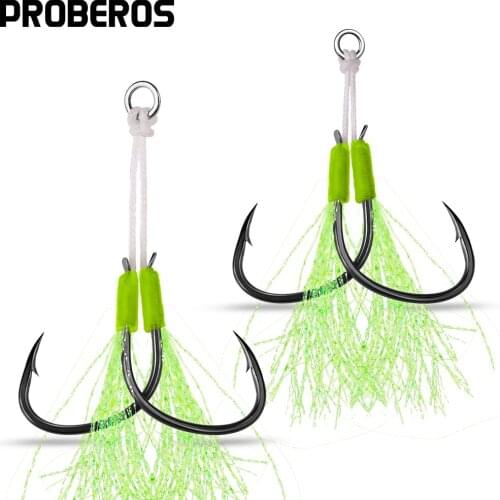 PROBEROS 10Set Slow Jig Assist Hooks 1/0 2/0 3/0 4/0 Metal Jigging Double Hook Carbon Steel Double Fishhook with PE Line Feather