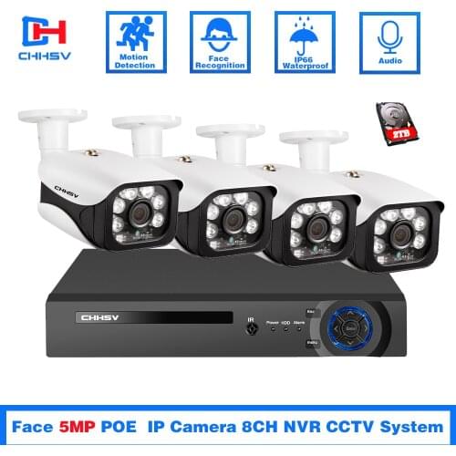 H.265 8CH 5MP CCTV Camera System Wireless POE NVR Kit Outdoor Waterproof 5MP Audio POE IP Camera Security Surveillance System