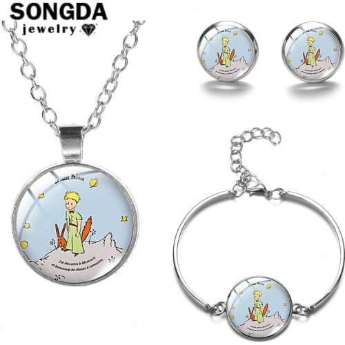SONGDA Fairy Tale The Little Prince Theme Jewelry Sets Silver Color Handmade Art Photo Glass Cabochon Necklace Bracelet Earrings