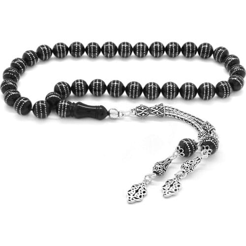 Tesbihane 925 Sterling Silver Tassels Silver Triple Backpack Flip Sphere Cut Erzurum Oltu stone Rosary