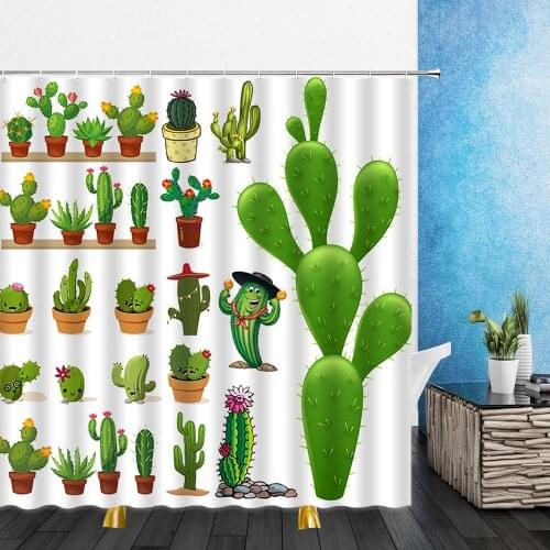 Cartoons Shower Curtains Flowers Cactus Green Leaf Plant 3D Print Waterproof Bathroom Decor Home Bathtub Polyester Curtain Set