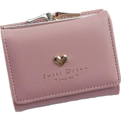 Women Sweet Heart Small Wallet Faux Leather Short Coin Purse Multi-Slots Button Bag Solid Color Card Holder Pocket