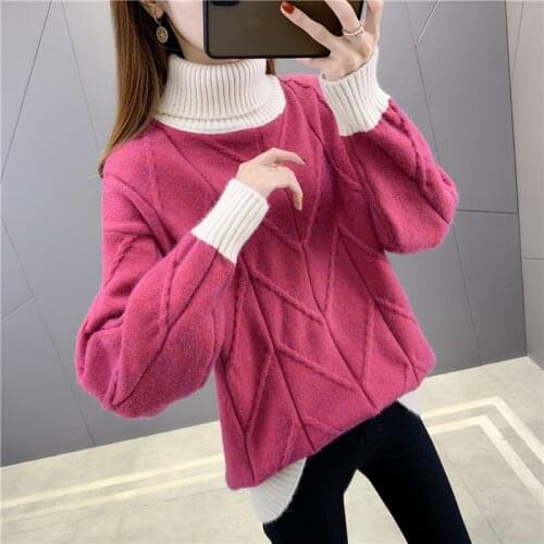Pullover Sweater Women Winter Warm Knitted Pullover Loose Sweater Contrasting Colors Long Sleeve Round Neck Sweaters For Women
