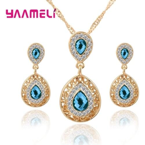 Fashion Women Wedding 925 Sterling Silver Jewelry Set Crystal Earring Necklace Pendant Rhinestone Hot Sale Waterdrop New Suit
