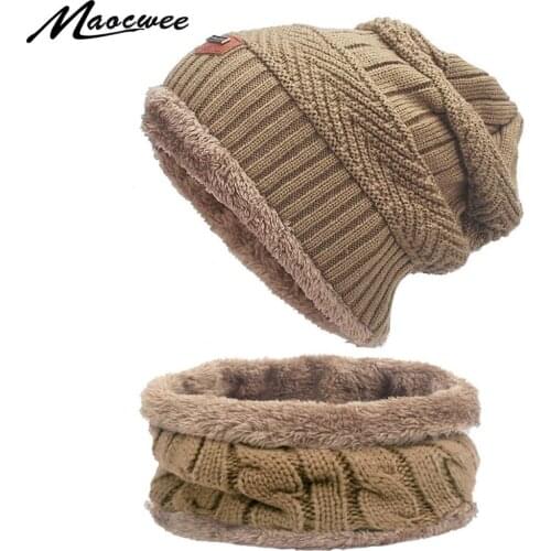 Winter Skullies Beanies Hat Scarf Set For Men Women Cotton Knitted Warm Thick Hat With Lining Gorras Bonnet Hats Ring Scarf Set