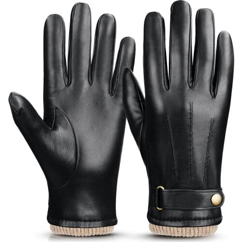 OZERO Men Genuine Leather Gloves Winter Cycling Gloves Bicycle Warm Thermal Full Finger Black Gloves Bike Skiing Motorcycle