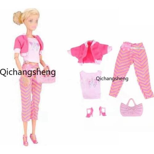 11.5" Fashion Pink Coat & Butterfly Shirt & Pants & Shoes & Handbag Outfits Set For Barbie Doll Clothes Toys 1/6 BJD Accessories