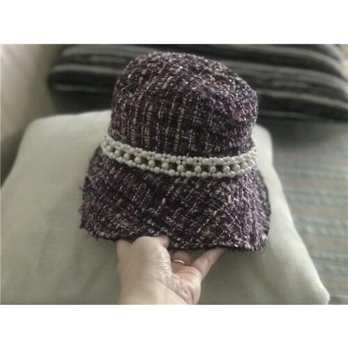 202004-shi Tweed purple pearl ribbon leisure lady holiday cap women bucket hat