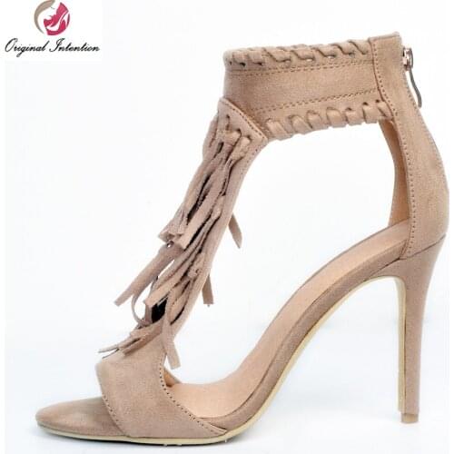 Original Intention Elegant Women Sandals Beautiful Fringe Peep Toe Thin Heels Sandals Stylish Shoes Woman Plus US Size 4-15