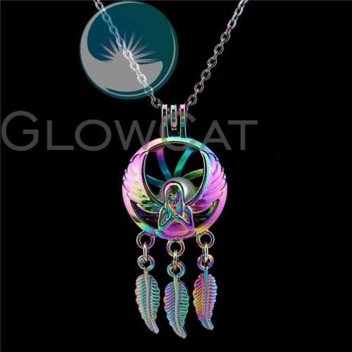 C822 Rainbow Feather Dream Catcher Fairy Girl Beads Cage Essential Oil Diffuser Aroma Oyster Pearl Cage Locket Necklace