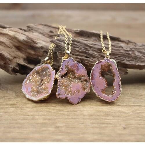 Champagne Titanium Natural Quartz Geode Druzy Pendants Necklace,Raw Crystal Agates Drusy Charms Chains for Women Jewelry,QC3068