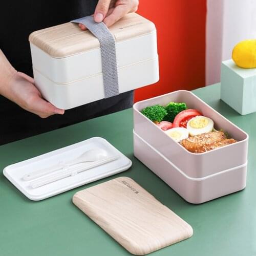 Microwave Double Layer Lunch Box Wooden Style Bento Box Portable Container Box BPA Free