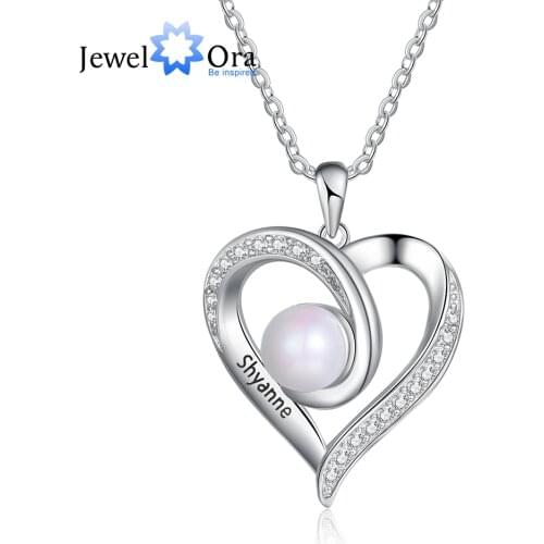 JewelOra Personalized Engraving Name Pearl Necklace Customized Heart Necklaces for Women Mothers Day Gift