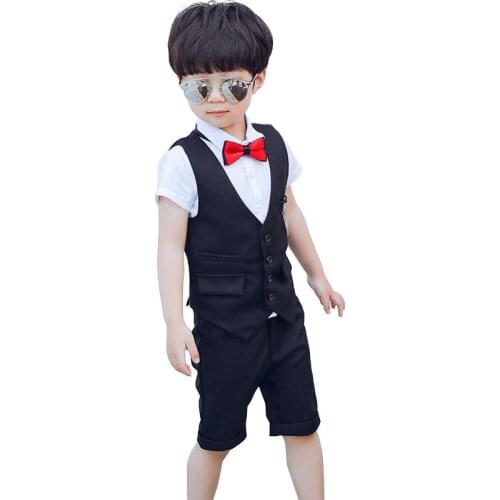 Flower Boys Vest Dress Suit Sets Korean Children Summer Short-sleeved Shirt Vest Shorts 3pcs Outfits Kids Wedding Party Costume