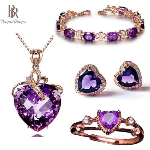 Bague Ringen Silver 925 Jewelry Gemstones Jewelry Sets for Women Charms Amethyst Ring Earrings Necklace Bracelet Four piece set