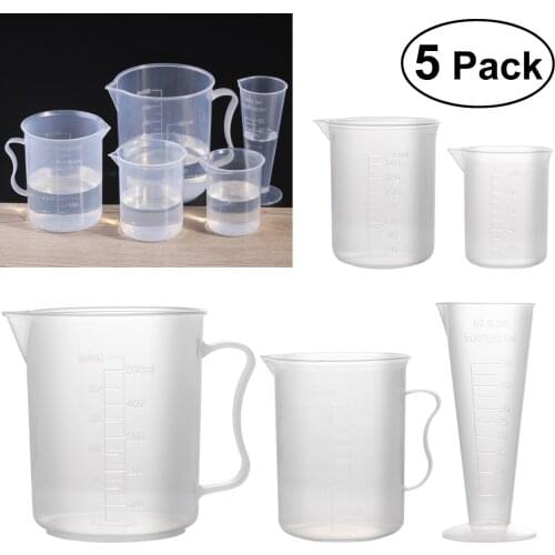 UEETEK 5pcs 50ml / 100ml / 150ml / 250ml / 500ml Measuring Cup Labs Plastic Graduated Beakers Liquid Measure JugCup Container