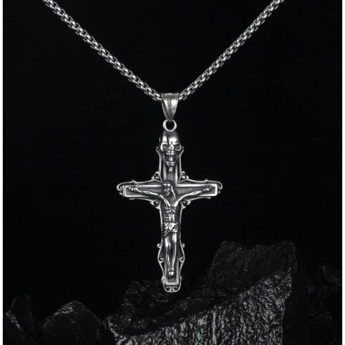 Mens Stainless Steel Cross Skull Necklace Personality Jesus Cross Men Chain Motorcycle Party Women Necklace Punk Cool Jewelry