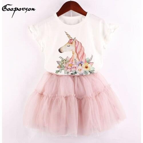 New Brand Girls Clothes Set Flower Unicorn Printed Girls Summer Sets Cotton Shirt And Tutu Skirt 2 Pcs Set For Kids Baby