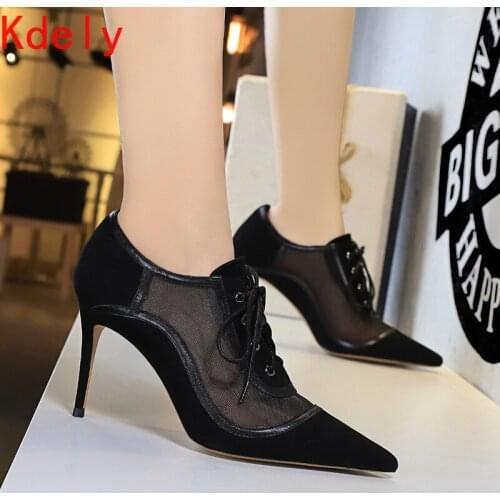 NEW Style Sexy Internal Celebrity Thin High Heels Lace-Up Pointed Toe Mesh Flock Women Pumps Ladies Shoes