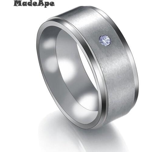 MadApe Luxury Single CZ Rhinestone Finger Ring Silver Color 316L Stainless Steel Female Engagement Ring Jewelry