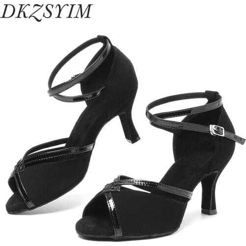 DKZSYIM Black Latin Dance Shoes Women/Ladies Ballroom Dancing Tango/Salsa Shoes Suede Soles Soft Dance Sandals 3-10CM High Heels