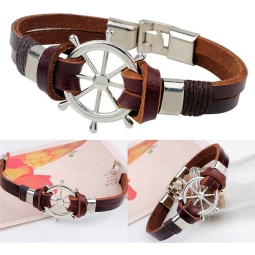 PU Leather Wide Bracelets for Men Pirate Style Sea Navigation Rudder Bracelet Bangle Handmade Cord Chain Vintage Leather Jewelry