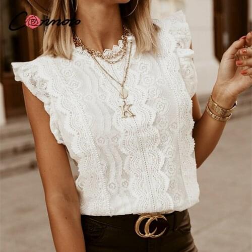 Conmoto Elegant white lace stitching sleeveless top Casual Solid O-neck ruffle summer women blouse Fashion Office lady short top