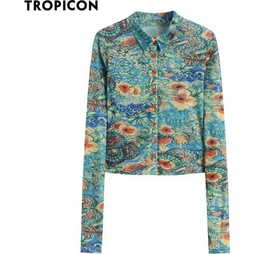 TROPICON Mesh Dragon Print Shirt Women Green Long Sleeve Top Button Up Collared Shirt See Through Fashion Top Designer Clothing