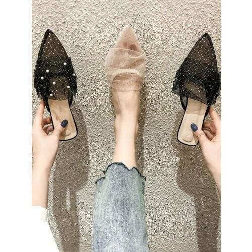 Baotou half slippers female 2021 new spring and autumn sweet and elegant windy wear tide cool trawl yarn flat bottom