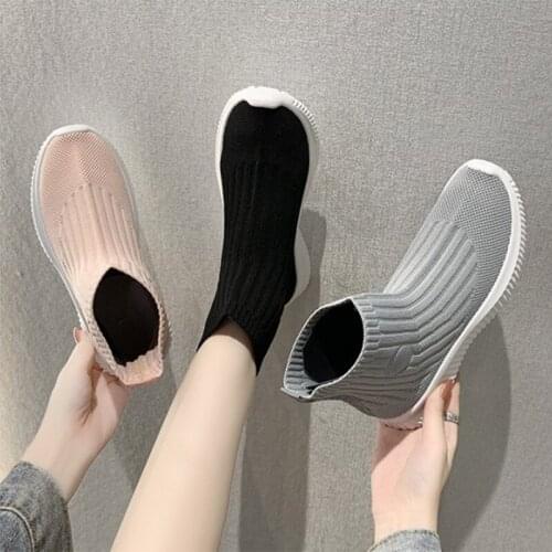 Womens Sock Knitted Air Boots Mesh Solid Slip-On Platform Female Ankle Boot Comfortable Leisure Concise Ladies Footwear Fashion