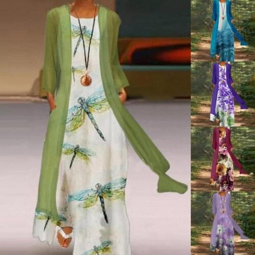 2021Summer New1 Set Cardigan Dress Set Floral Print Long Women Loose Outwear Sleeveless Large Hem Dress for Daily Wear Plus Size