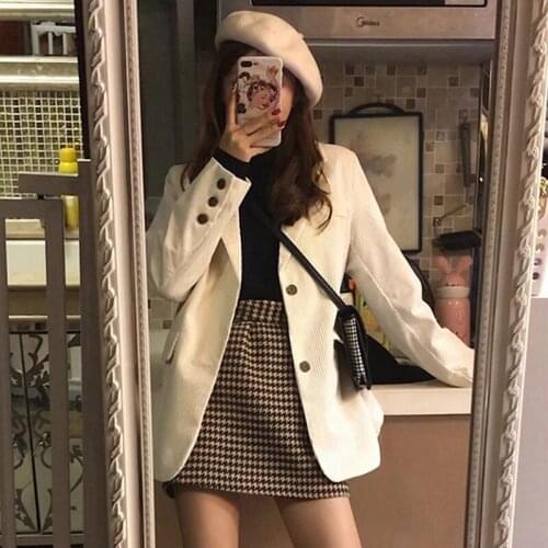Women Single Breasted Corduroy Blazer Coat Korean Fashion Turn Down Collar Long Sleeve Pocket 2021 Ladies Outerwear Chic Tops