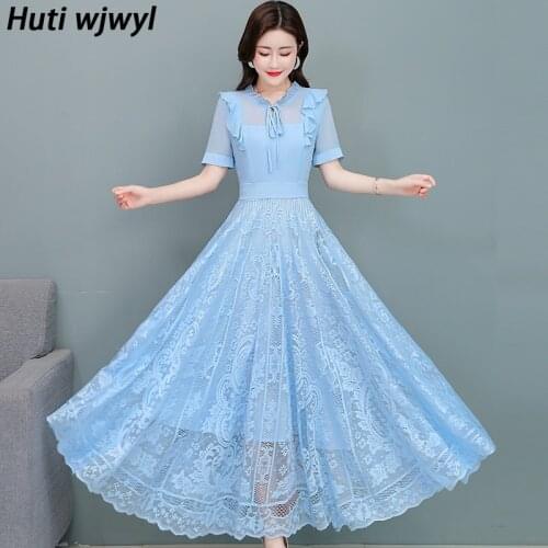 2021 Pink Chiffon Lace Stitching Dress Plus Size Bodycon Party Women Maxi Vestido Summer Vintage Casual Beach Elegant Midi Dress