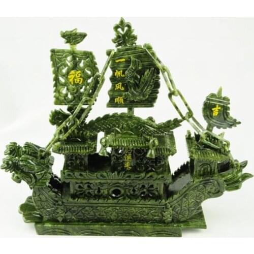 100% Natural Jade Hand Carved Dragon Boat Statue